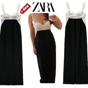 Zara Black ivory white lace sweetheart thin strap flowy maxi dress Sz L NWT